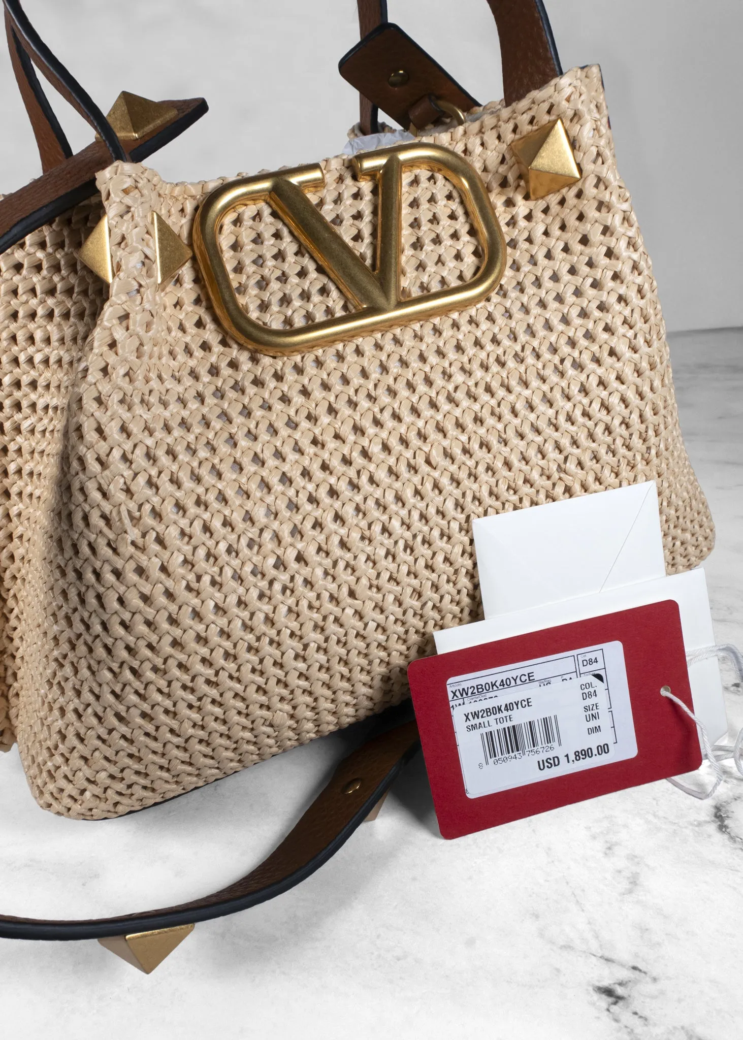 Valentino Garavani Raffia Grained Calfskin Small Rockstud Tote