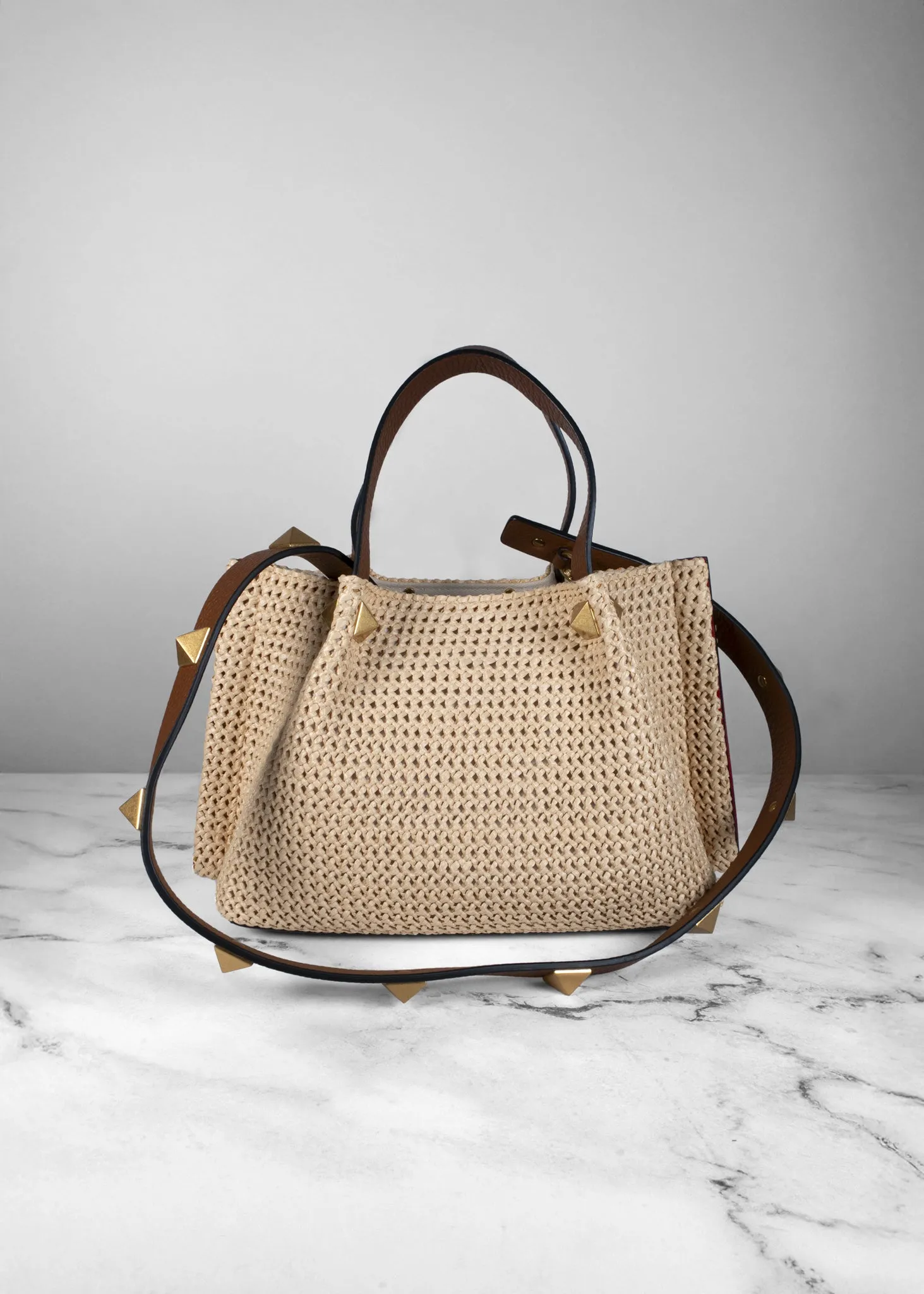 Valentino Garavani Raffia Grained Calfskin Small Rockstud Tote