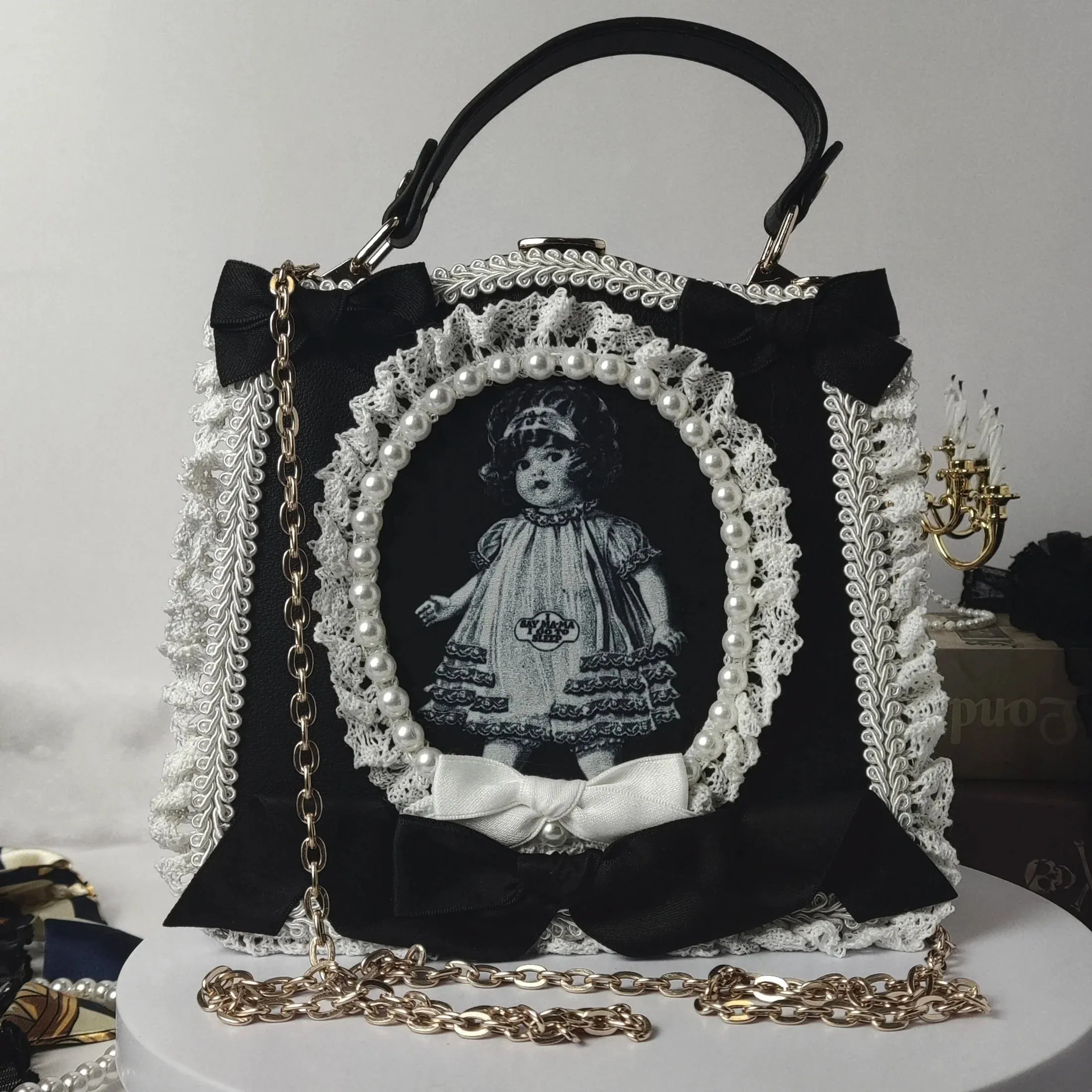 Vintage Satchels Lace Punk White Black Bowtie Doll Imitation Pearl Bag