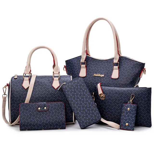 Women's Pu Leather Bags- 6 Pieces Set - Beige/Pink/Blue/Brown