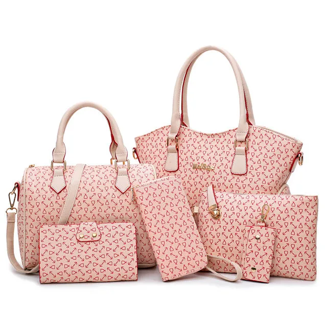 Women's Pu Leather Bags- 6 Pieces Set - Beige/Pink/Blue/Brown