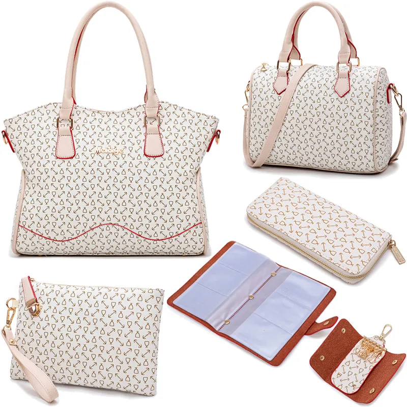 Women's Pu Leather Bags- 6 Pieces Set - Beige/Pink/Blue/Brown