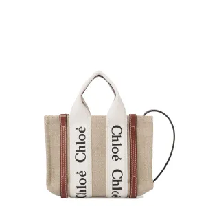 Woody Tote Mini Strap Linen, White/Brown