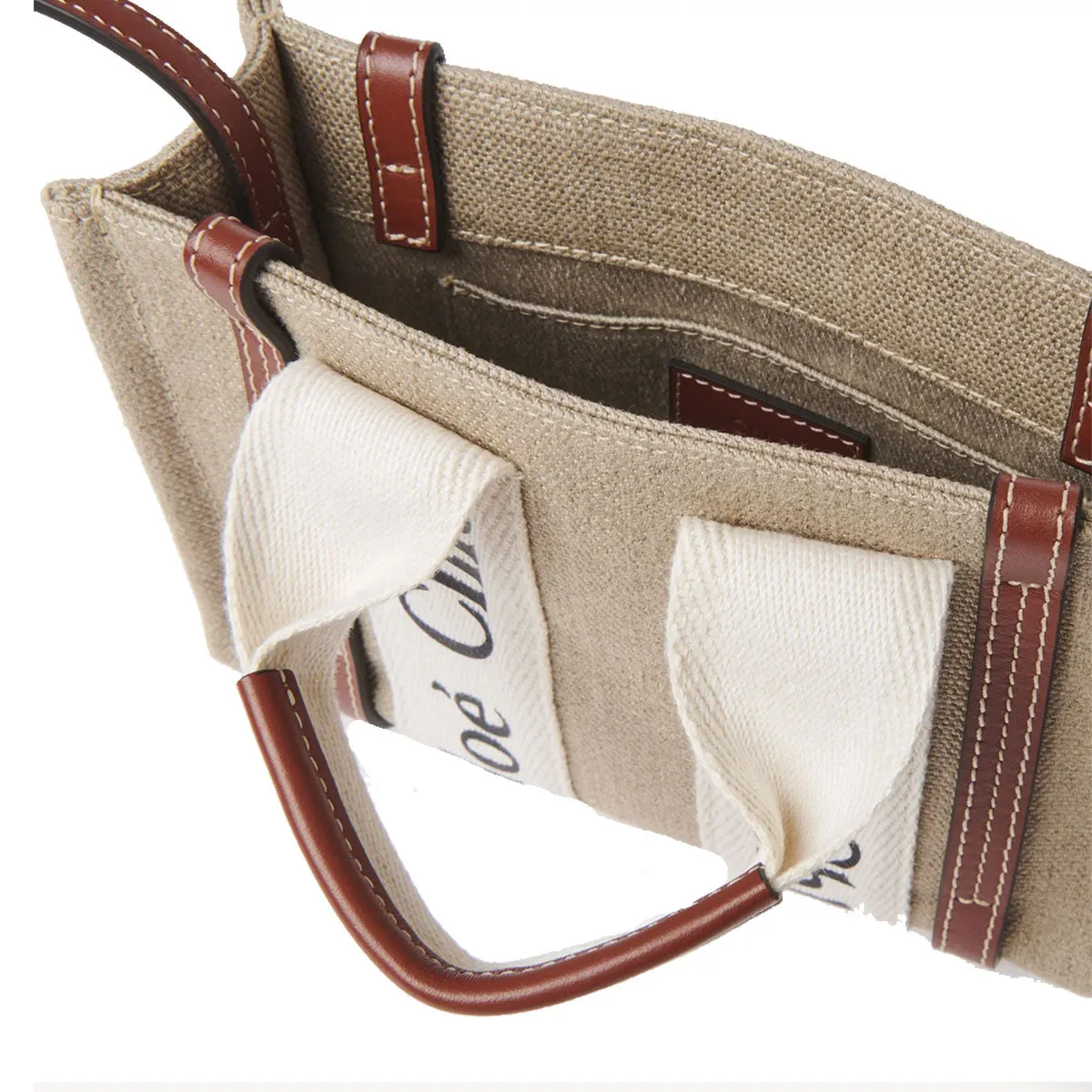 Woody Tote Mini Strap Linen, White/Brown