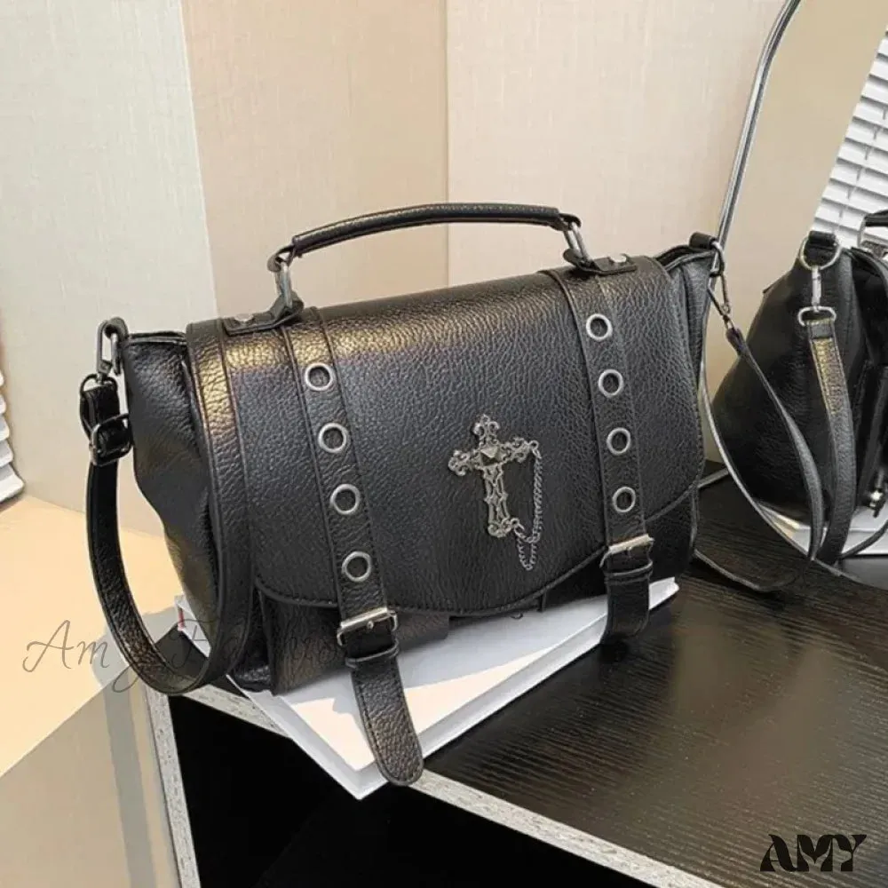 Y2K Casual Bag Leather Cross Retro Dark Messenger Gothic Black Crossbody Shoulder